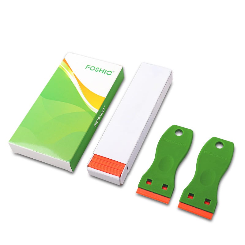 FOSHIO 2PCS Green Plastic Razor Sticker Remover Paint Scrapers with Contoured Grip + 100 PCS 1.5 inch Refillable Double Edge Plastic Razor Blades for Cleaning Adhesive Vinyl Decals Stickers Labels - Image 2